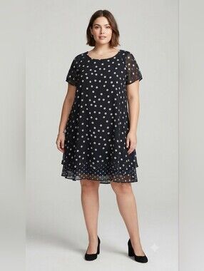 R&K Black Polka Dot Chiffon Tunic Dress 18W Layered Hem Flowy Layered Ruffle Hem